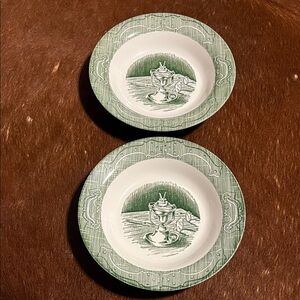 The Old Curiosity Shop Green 8.5" Rimmed Soup Bowls, set of 2, Royal China